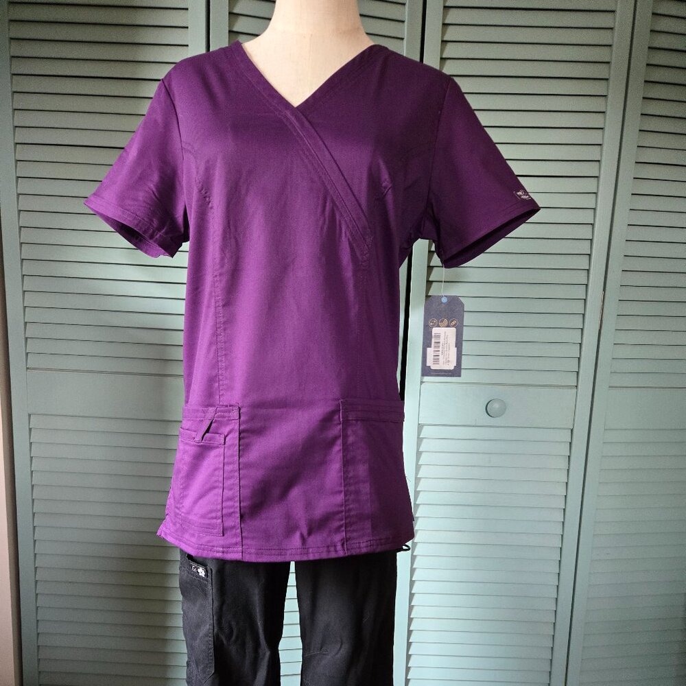 NWT Cherokee Workwear Core stretch Mock wrap scrub top Small Eggplant purple